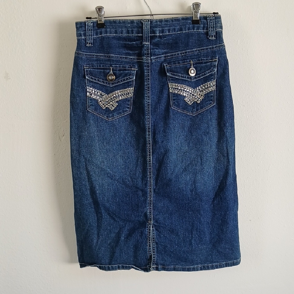 Dressbarn Midi Denim Skirt Size 4 Back Slit Western Coastal Cowgirl Womens